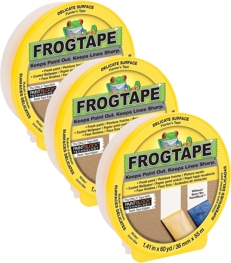 FrogTape Delicate Surface Multi-Use Painter's Tape with PAINTBLOCK, Low Adhesion, 1.41 inch Width, Yellow (280221) (Pack of 3) - Image 1